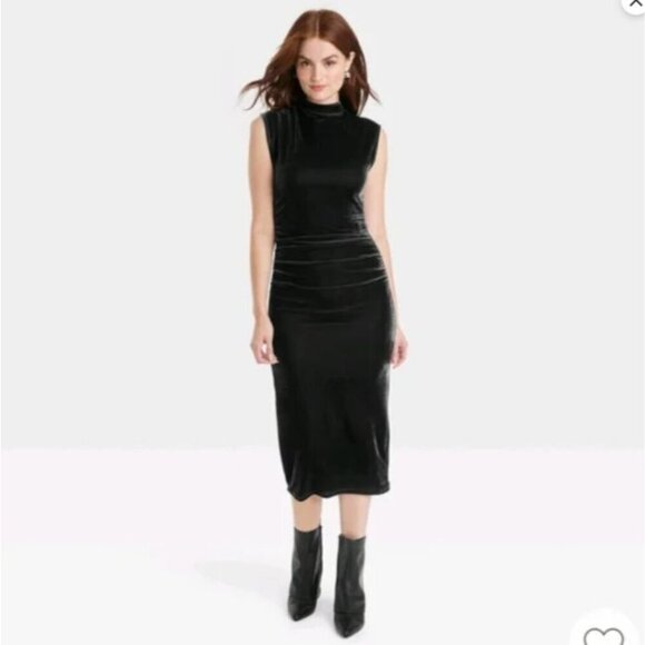 A New Day Dresses & Skirts - NWT A New Day Velour Velvet Side Ruched Drapery Bodycon Midi Dress Black Large L